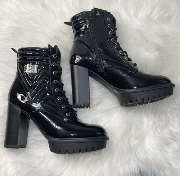 Guess women’s Lace Up Combat Patent Platforms Boots Quilted Chunky Block Heeled - Picture 7 of 10